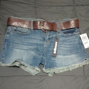 Dollhouse Blue and Brown Jean Shorts with Distressed Hem